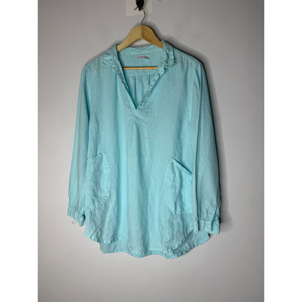 Fresh Produce Womens Blue 100% Linen Long Sleeve Pocket Tunic Top M/L ALSSSTN
